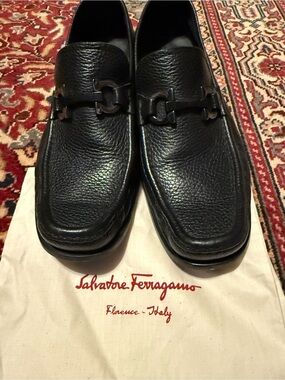 Salvatore Ferragamo Black Pebbled Leather Bit Loafers